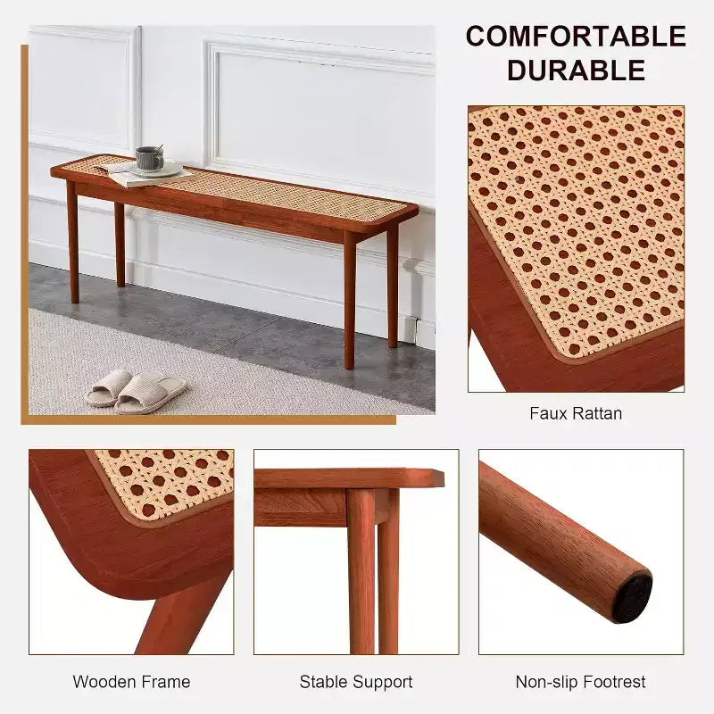 Panca da ingresso Acekool 47 in legno massiccio con superficie in rattan, angoli arrotondati, struttura robusta per soggiorno, camera da letto, corridoio, finitura noce
