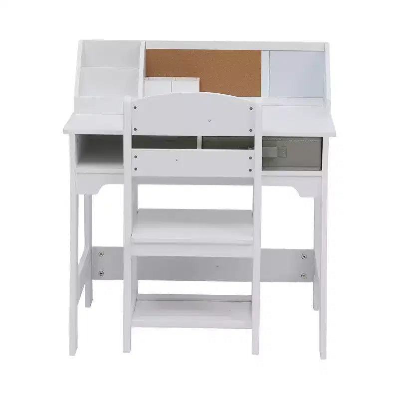 Set scrivania e sedia per bambini, tavolo da studio in legno con contenitori, libreria, bacheca e portapenne, tavolo da scrittura per ragazzi e ragazze, bianco