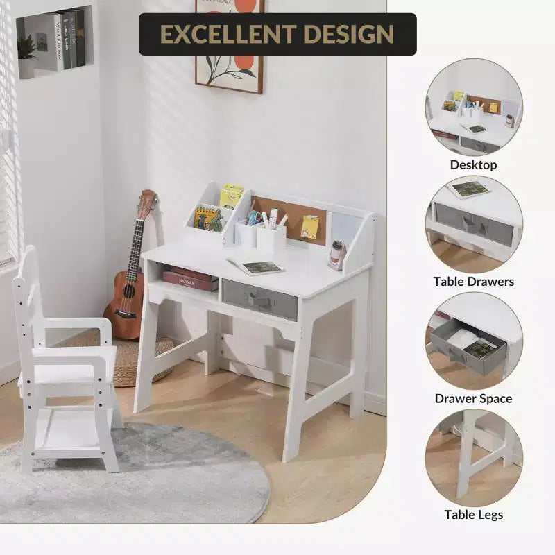 Set scrivania e sedia per bambini, tavolo da studio in legno con contenitori, libreria, bacheca e portapenne, tavolo da scrittura per ragazzi e ragazze, bianco