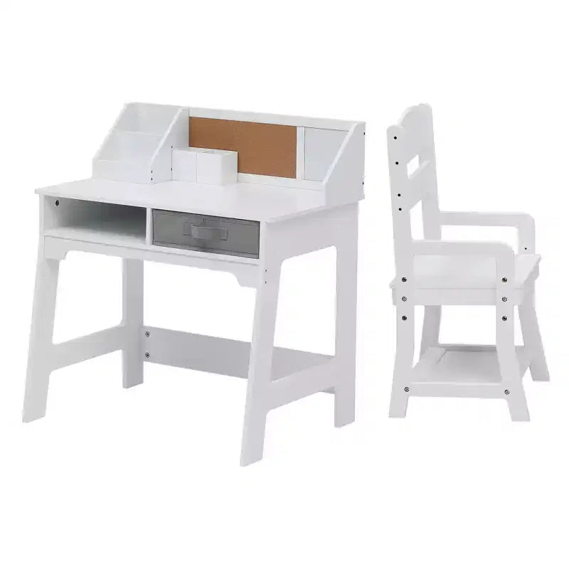 Set scrivania e sedia per bambini, tavolo da studio in legno con contenitori, libreria, bacheca e portapenne, tavolo da scrittura per ragazzi e ragazze, bianco