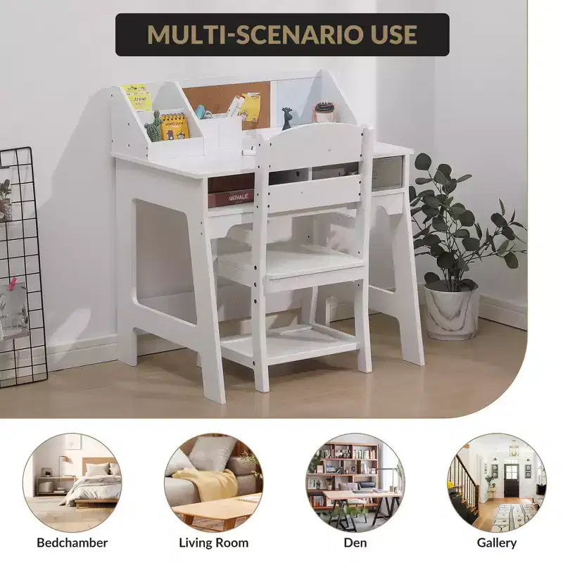 Set scrivania e sedia per bambini, tavolo da studio in legno con contenitori, libreria, bacheca e portapenne, tavolo da scrittura per ragazzi e ragazze, bianco