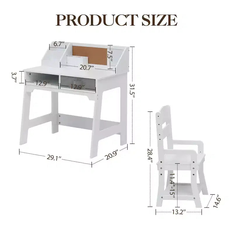 Set scrivania e sedia per bambini, tavolo da studio in legno con contenitori, libreria, bacheca e portapenne, tavolo da scrittura per ragazzi e ragazze, bianco