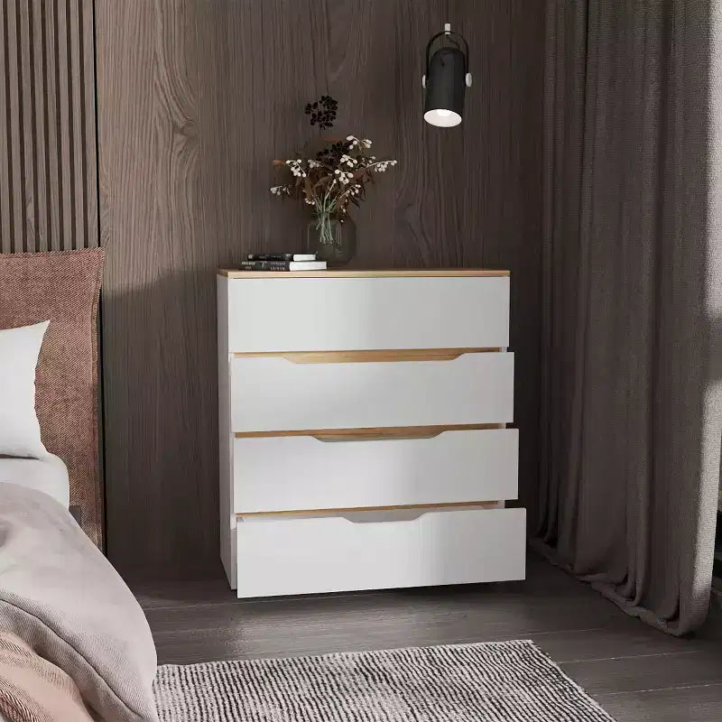 Comò Okak a 4 cassetti Ampio spazio con cassetti spaziosi, Robusto legno multistrato, Piano superiore eccellente per spazi domestici versatili