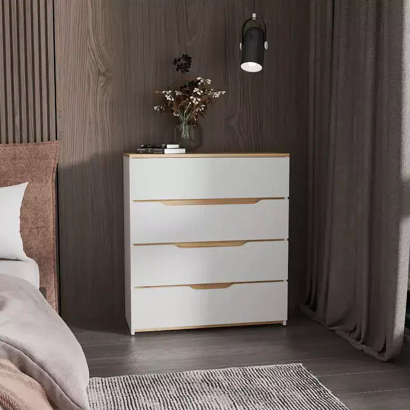 Comò Okak a 4 cassetti Ampio spazio con cassetti spaziosi, Robusto legno multistrato, Piano superiore eccellente per spazi domestici versatili