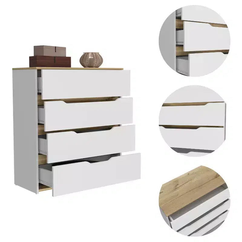 Comò Okak a 4 cassetti Ampio spazio con cassetti spaziosi, Robusto legno multistrato, Piano superiore eccellente per spazi domestici versatili