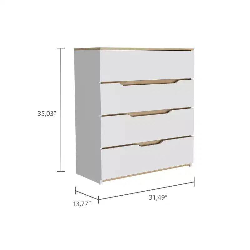 Comò Okak a 4 cassetti Ampio spazio con cassetti spaziosi, Robusto legno multistrato, Piano superiore eccellente per spazi domestici versatili