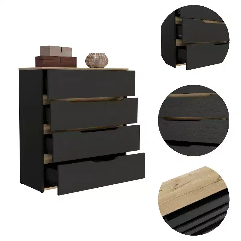 Comò Okak a 4 cassetti Ampio spazio con cassetti spaziosi, Robusto legno multistrato, Piano superiore eccellente per spazi domestici versatili
