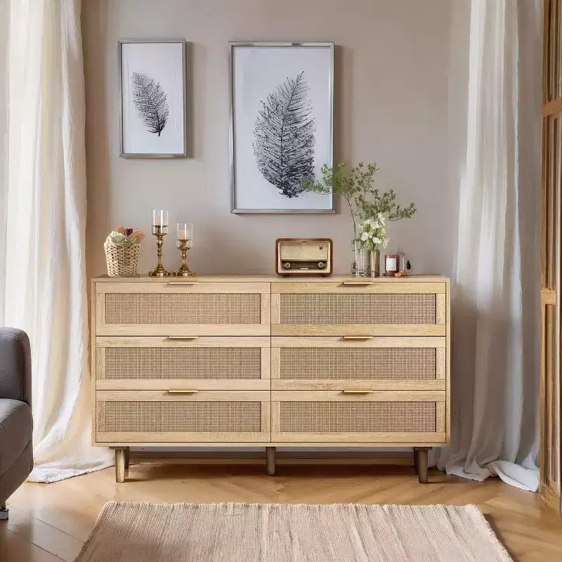 Okak Armadietto portaoggetti in rattan a 6 cassetti, design moderno naturale 51,18", carico superiore 50 libbre e 20 libbre per cassetto, ideale per camera da letto e soggiorno