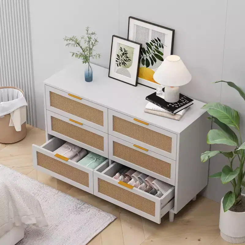 Okak Armadietto portaoggetti in rattan a 6 cassetti, design moderno naturale 51,18", carico superiore 50 libbre e 20 libbre per cassetto, ideale per camera da letto e soggiorno