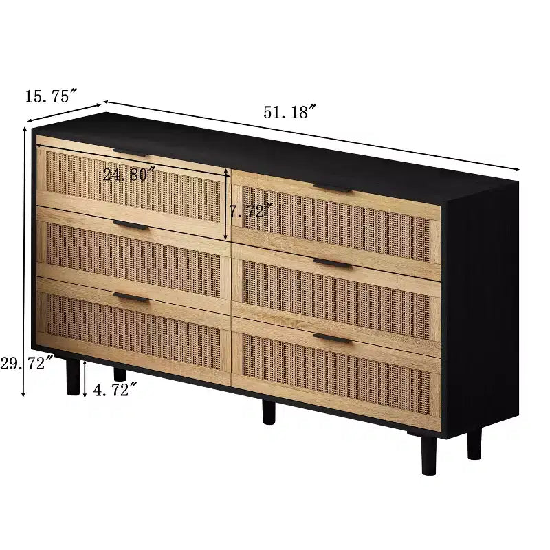 Okak Armadietto portaoggetti in rattan a 6 cassetti, design moderno naturale 51,18", carico superiore 50 libbre e 20 libbre per cassetto, ideale per camera da letto e soggiorno