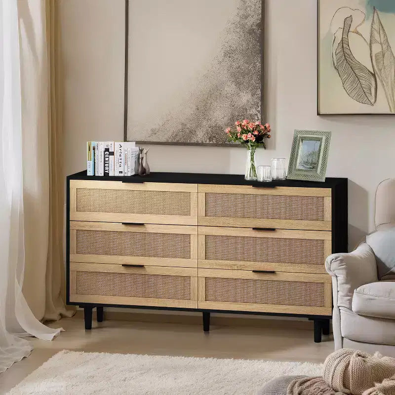 Okak Armadietto portaoggetti in rattan a 6 cassetti, design moderno naturale 51,18", carico superiore 50 libbre e 20 libbre per cassetto, ideale per camera da letto e soggiorno