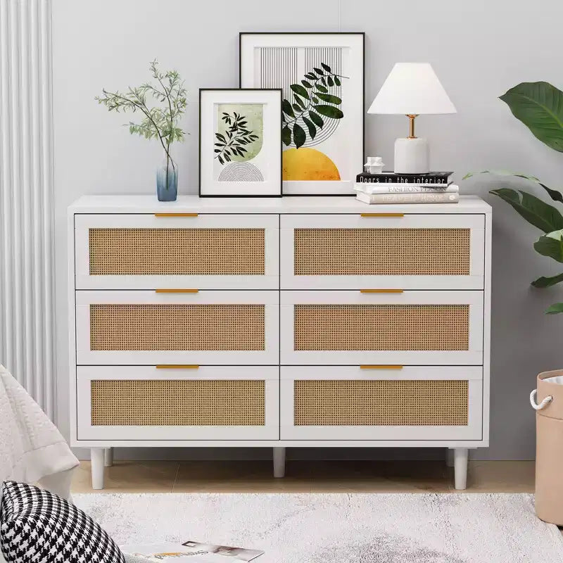 Okak Armadietto portaoggetti in rattan a 6 cassetti, design moderno naturale 51,18", carico superiore 50 libbre e 20 libbre per cassetto, ideale per camera da letto e soggiorno