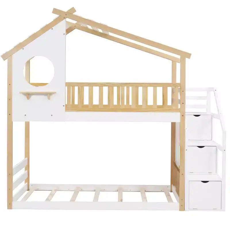 Letto a castello a due piani con scaletta, letto a casetta, contenitore e sponda di protezione, letto naturale + scala bianca