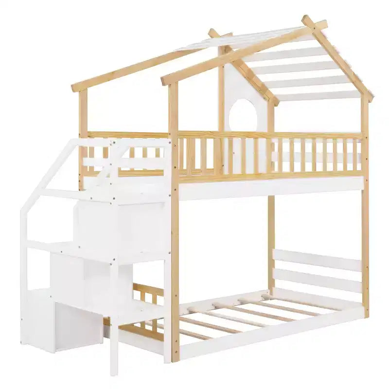 Letto a castello a due piani con scaletta, letto a casetta, contenitore e sponda di protezione, letto naturale + scala bianca