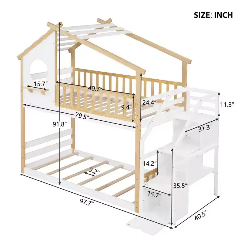 Letto a castello a due piani con scaletta, letto a casetta, contenitore e sponda di protezione, letto naturale + scala bianca