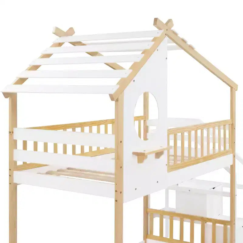 Letto a castello a due piani con scaletta, letto a casetta, contenitore e sponda di protezione, letto naturale + scala bianca