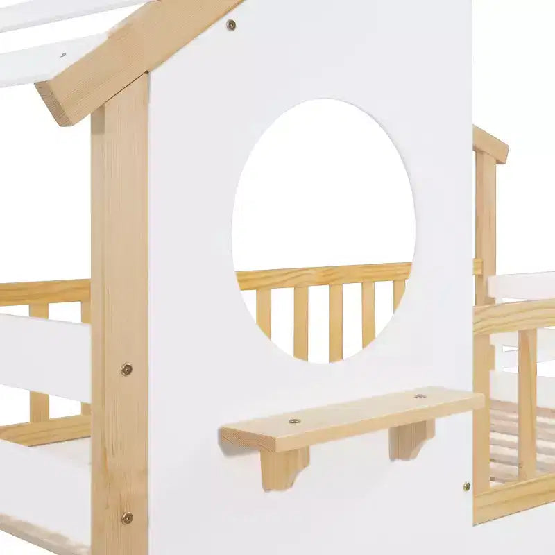 Letto a castello a due piani con scaletta, letto a casetta, contenitore e sponda di protezione, letto naturale + scala bianca