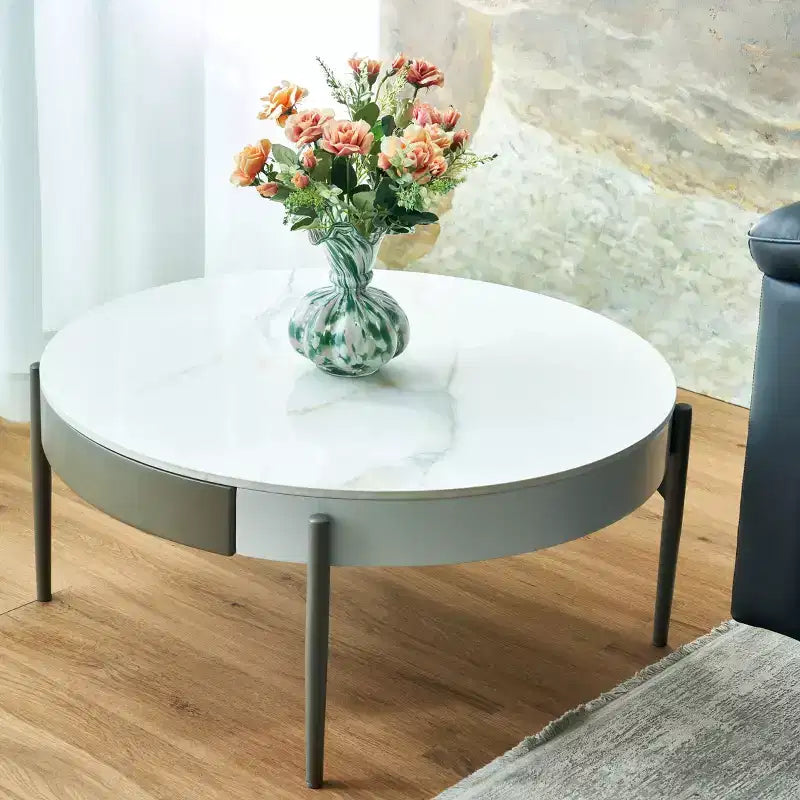 GDFStudio Baldwin Tavolino rotondo moderno 32 in ceramica con cassetti e gambe in metallo