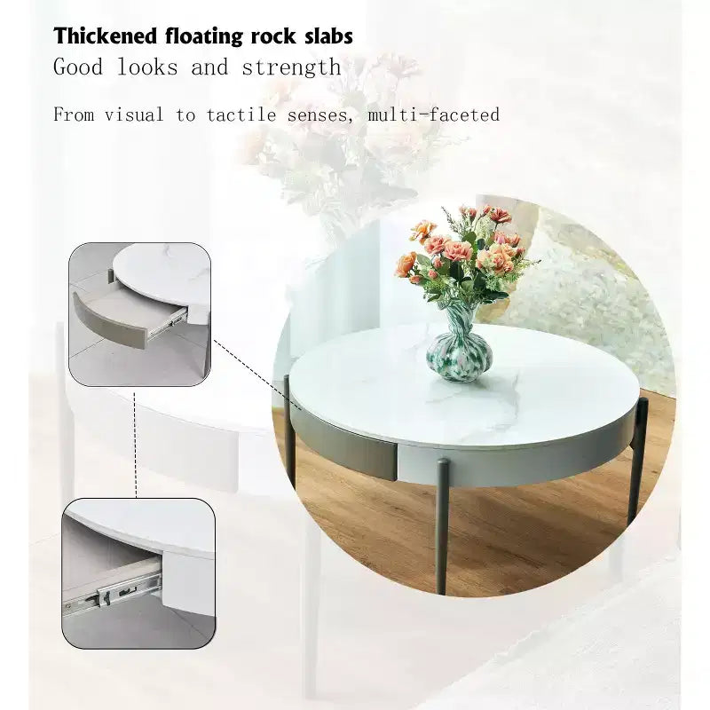 GDFStudio Baldwin Tavolino rotondo moderno 32 in ceramica con cassetti e gambe in metallo