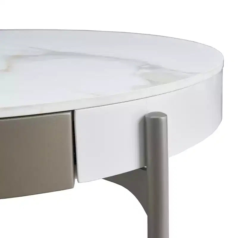 GDFStudio Baldwin Tavolino rotondo moderno 32 in ceramica con cassetti e gambe in metallo