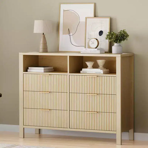 6 Drawer Dresser for Bedroom, Farmhouse Chest of Drawers with 2 Open Shelves and Fluted Doors for Living Room, Entryway