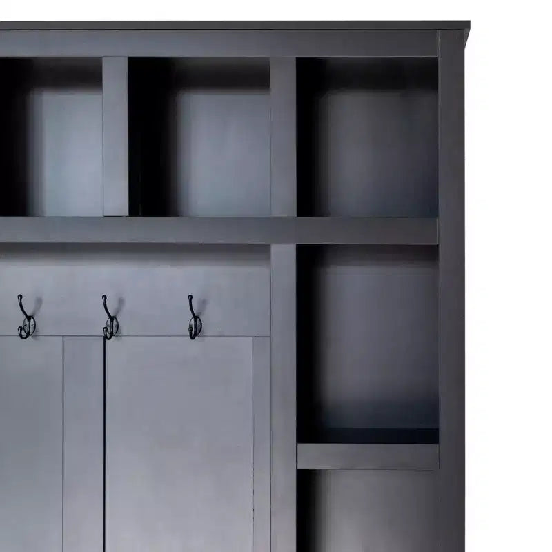 Appendiabiti da ingresso in legno Whisen Farmhouse con 6 ganci, panca portaoggetti color noce con ripiani regolabili, scarpiera con 13 scomparti