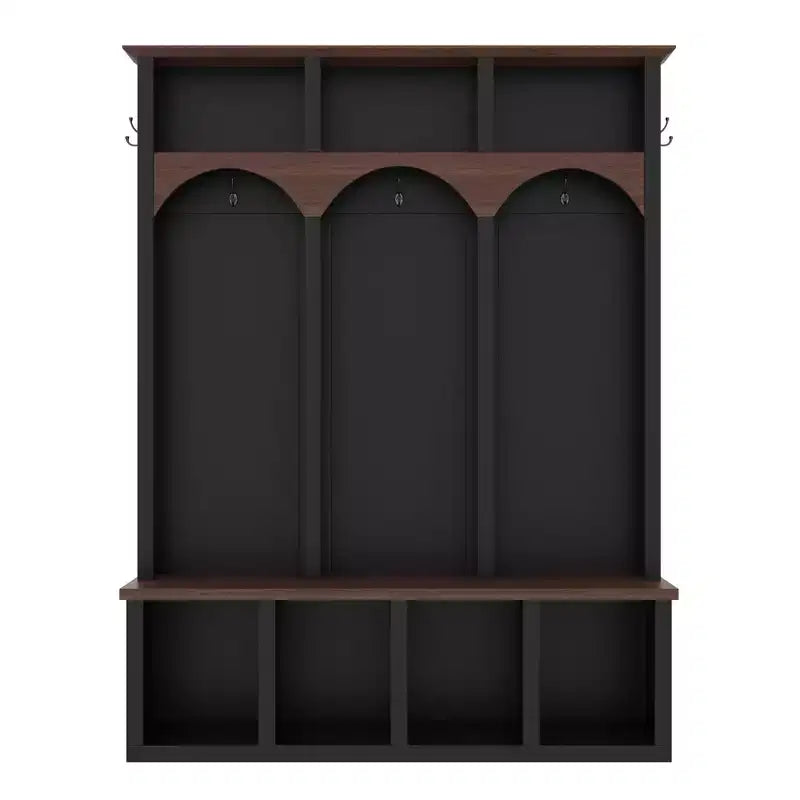 Appendiabiti da ingresso in legno Whisen Farmhouse con 6 ganci, panca portaoggetti color noce con ripiani regolabili, scarpiera con 13 scomparti