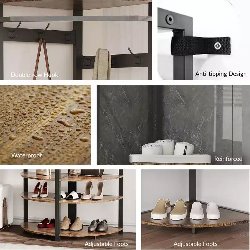 Appendiabiti ad angolo con scarpiera per ingresso - Attaccapanni con 6 doppi ganci, Stand appendiabiti con contenitore, Mensola organizer per corridoio, armadio