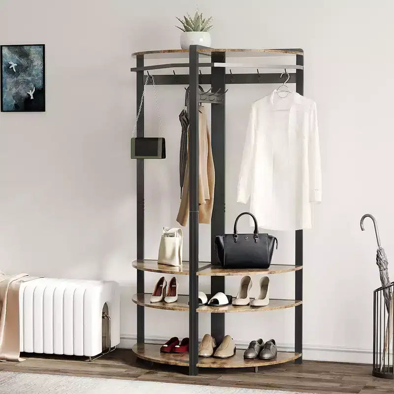 Appendiabiti ad angolo con scarpiera per ingresso - Attaccapanni con 6 doppi ganci, Stand appendiabiti con contenitore, Mensola organizer per corridoio, armadio