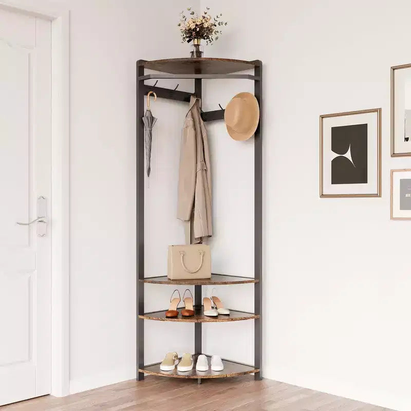 Appendiabiti ad angolo con scarpiera per ingresso - Attaccapanni con 6 doppi ganci, Stand appendiabiti con contenitore, Mensola organizer per corridoio, armadio