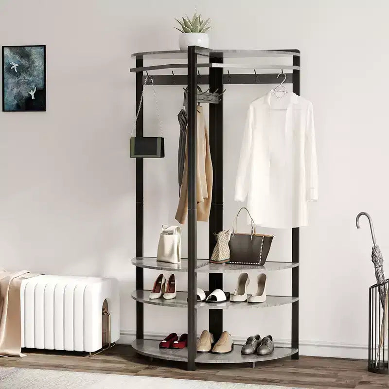 Appendiabiti ad angolo con scarpiera per ingresso - Attaccapanni con 6 doppi ganci, Stand appendiabiti con contenitore, Mensola organizer per corridoio, armadio