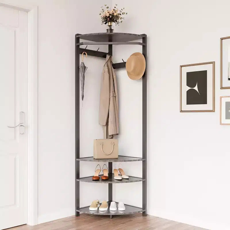 Appendiabiti ad angolo con scarpiera per ingresso - Attaccapanni con 6 doppi ganci, Stand appendiabiti con contenitore, Mensola organizer per corridoio, armadio
