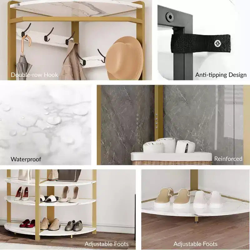 Appendiabiti ad angolo con scarpiera per ingresso - Attaccapanni con 6 doppi ganci, Stand appendiabiti con contenitore, Mensola organizer per corridoio, armadio