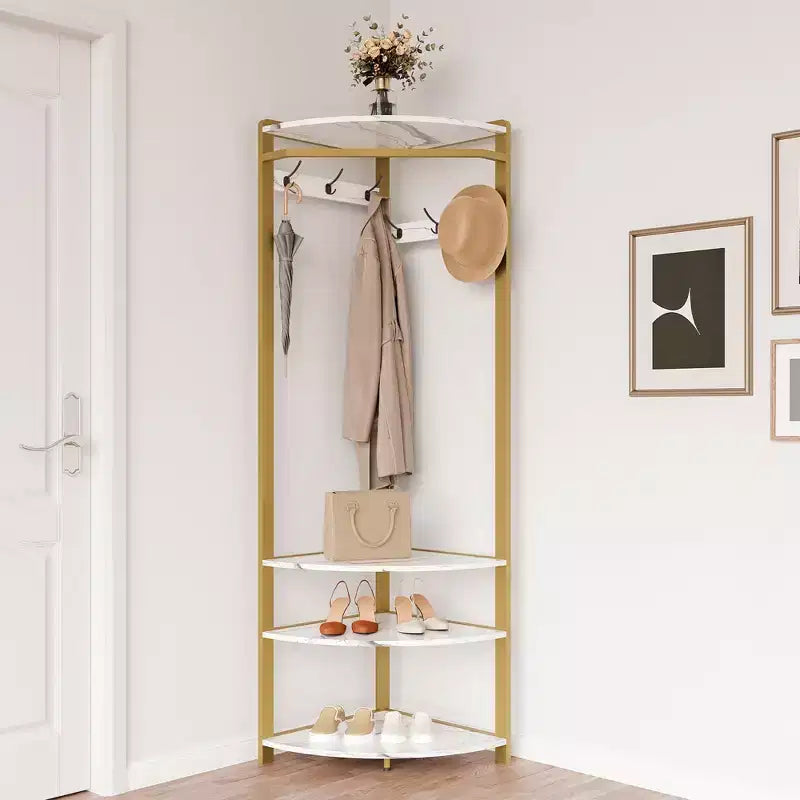 Appendiabiti ad angolo con scarpiera per ingresso - Attaccapanni con 6 doppi ganci, Stand appendiabiti con contenitore, Mensola organizer per corridoio, armadio