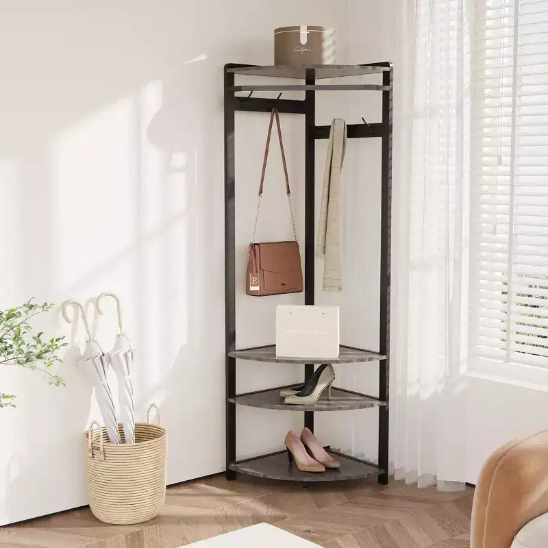 Appendiabiti ad angolo con scarpiera per ingresso - Attaccapanni con 6 doppi ganci, Stand appendiabiti con contenitore, Mensola organizer per corridoio, armadio