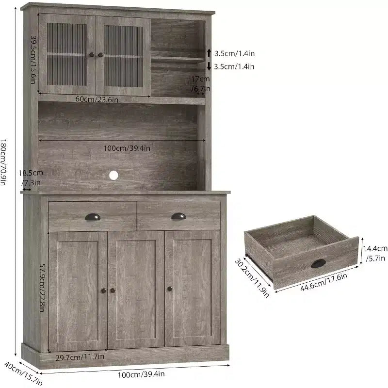 Dispensa con cassetti e ripiani regolabili, Mobile da cucina indipendente alto 180 cm con supporto per microonde, Mobile a credenza