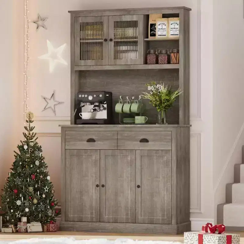 Dispensa con cassetti e ripiani regolabili, Mobile da cucina indipendente alto 180 cm con supporto per microonde, Mobile a credenza