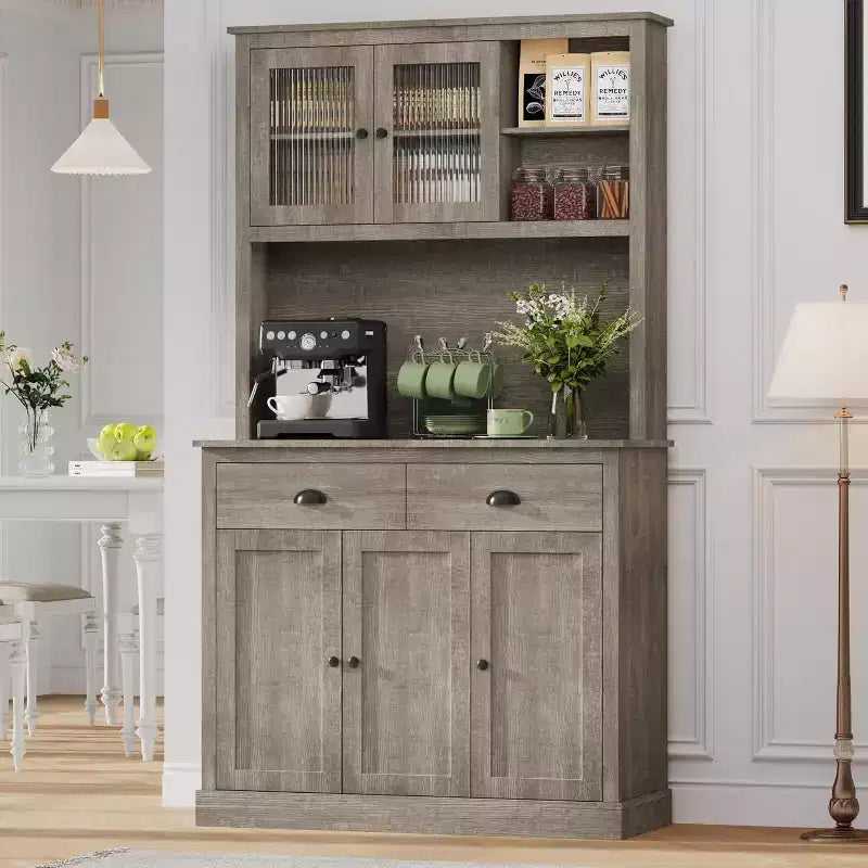 Dispensa con cassetti e ripiani regolabili, Mobile da cucina indipendente alto 180 cm con supporto per microonde, Mobile a credenza