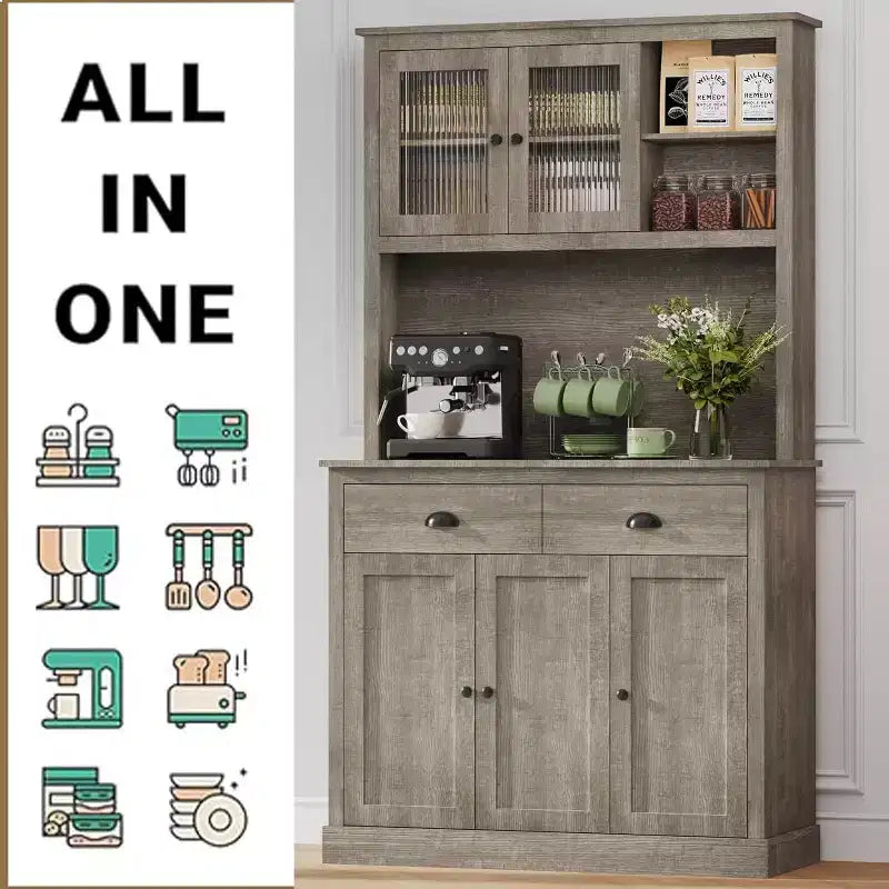 Dispensa con cassetti e ripiani regolabili, Mobile da cucina indipendente alto 180 cm con supporto per microonde, Mobile a credenza