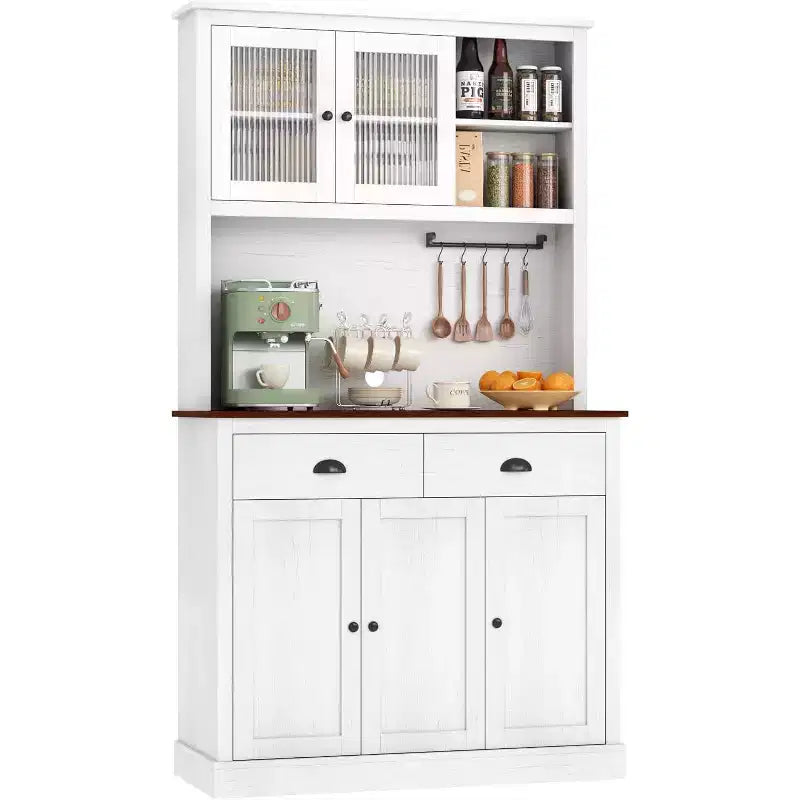 Dispensa con cassetti e ripiani regolabili, Mobile da cucina indipendente alto 180 cm con supporto per microonde, Mobile a credenza
