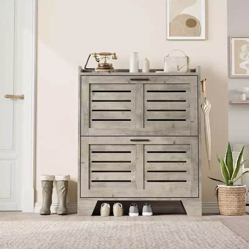 CuisinSmart Scarpiera con 2 cassetti a ribalta, Armadietto portacarpe sottile a scomparsa autoportante con ganci per ingresso, corridoio, garage