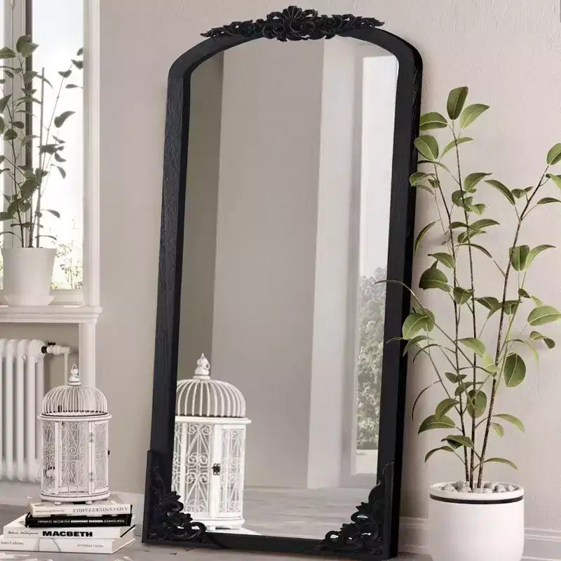 Specchio a figura intera PexFix da 30 pollici L x 69 pollici A, rustico ad arco, con cornice in legno massello, intagliato fai da te, colore nero