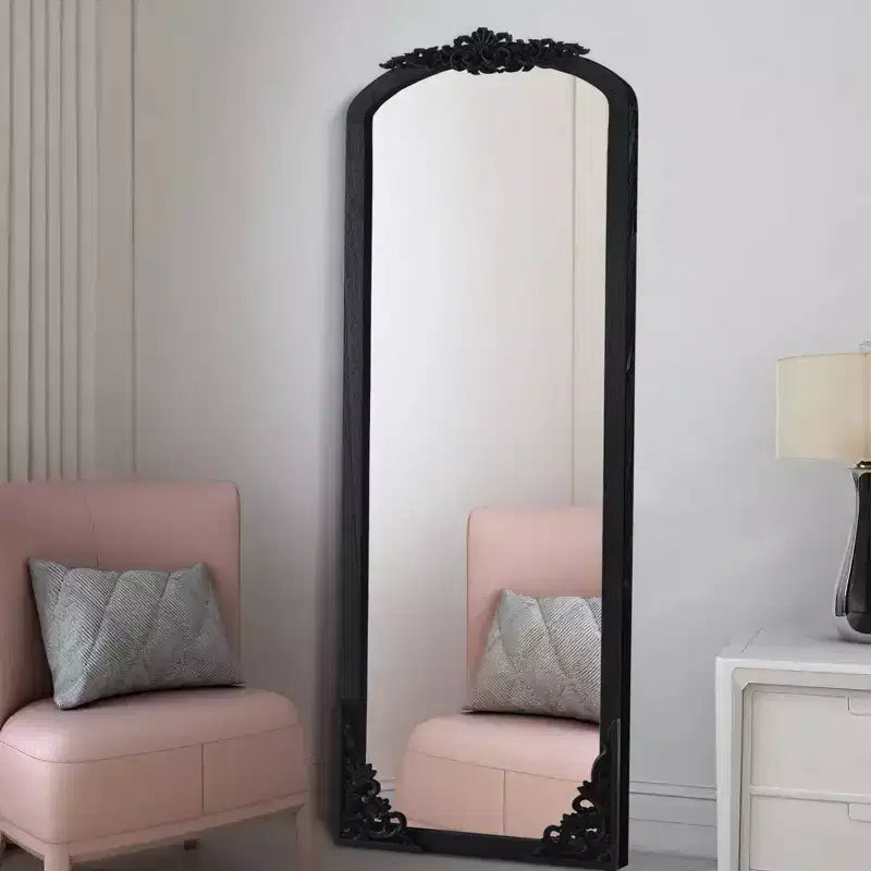 Specchio a figura intera PexFix da 30 pollici L x 69 pollici A, rustico ad arco, con cornice in legno massello, intagliato fai da te, colore nero