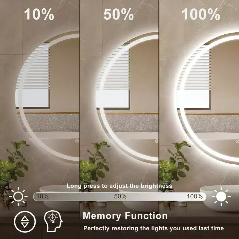 Maxax Specchio rotondo da bagno moderno senza cornice con LED, antiappannamento, luci dimmerabili e a prova di frantumazione