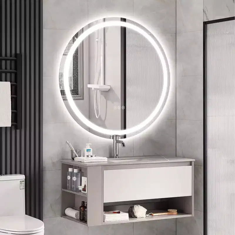 Maxax Specchio rotondo da bagno moderno senza cornice con LED, antiappannamento, luci dimmerabili e a prova di frantumazione
