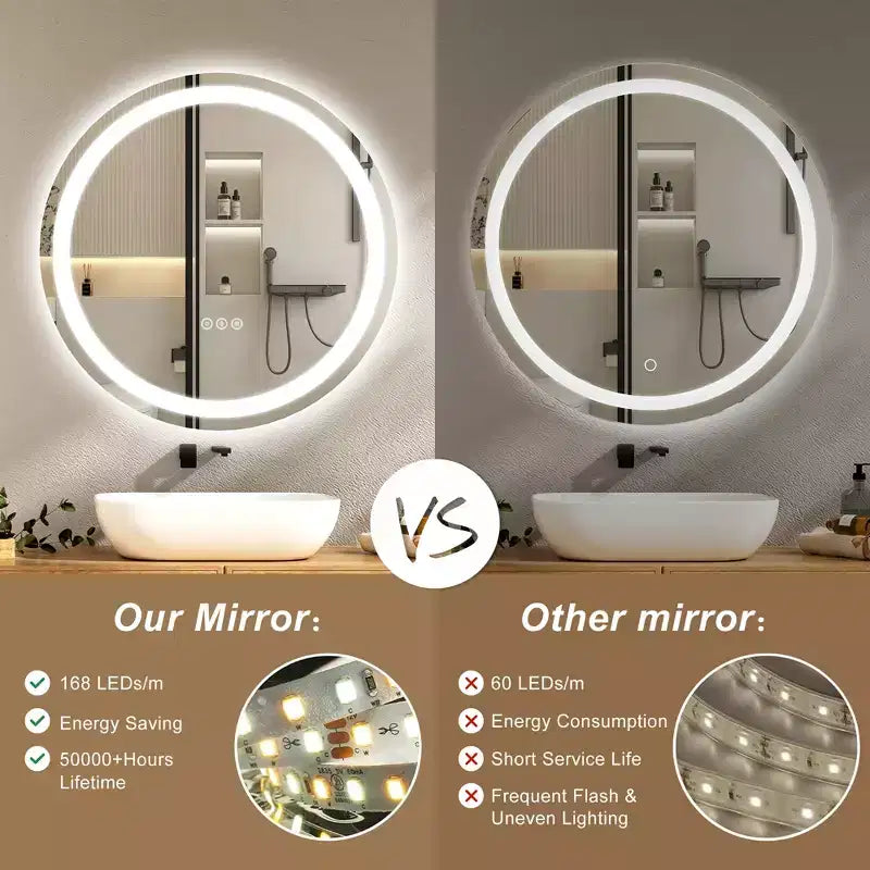 Maxax Specchio rotondo da bagno moderno senza cornice con LED, antiappannamento, luci dimmerabili e a prova di frantumazione