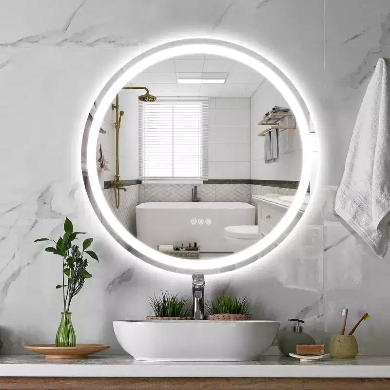 Maxax Specchio rotondo da bagno moderno senza cornice con LED, antiappannamento, luci dimmerabili e a prova di frantumazione