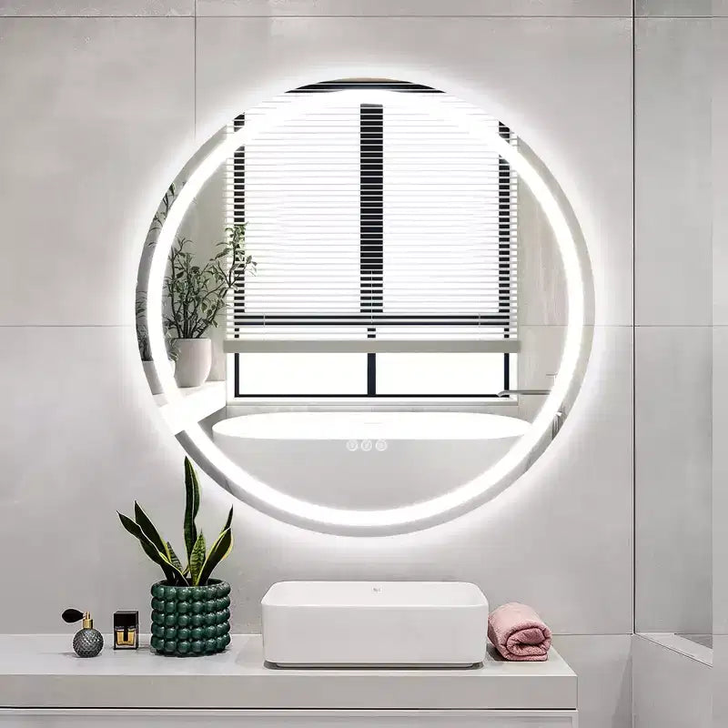 Maxax Specchio rotondo da bagno moderno senza cornice con LED, antiappannamento, luci dimmerabili e a prova di frantumazione