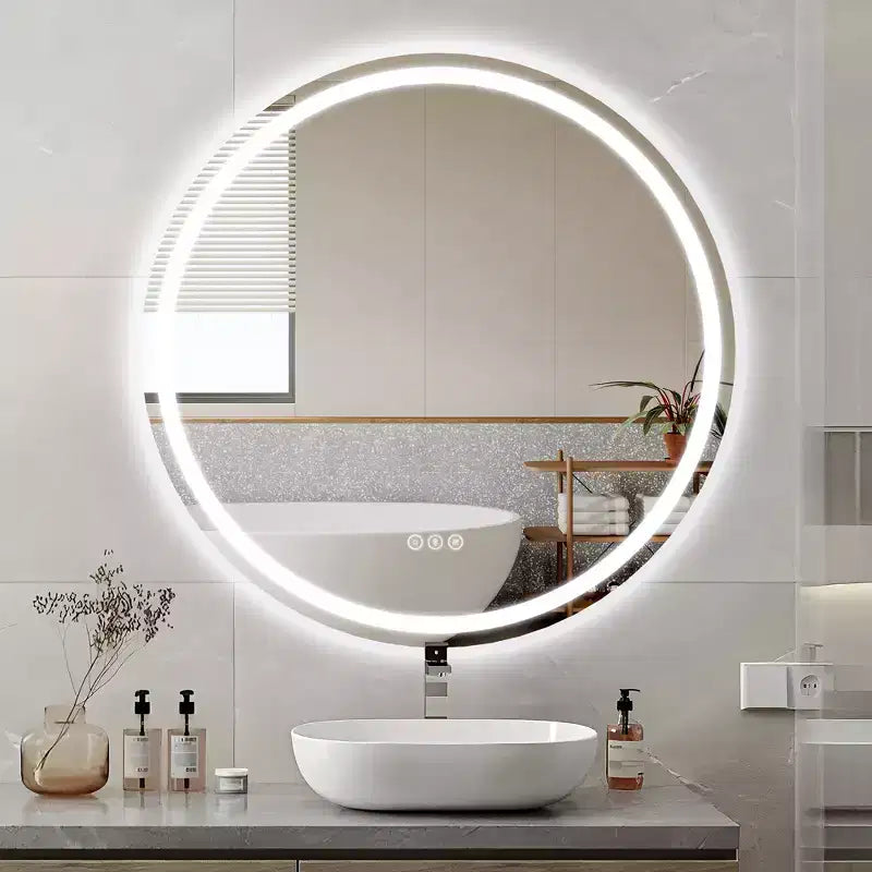 Maxax Specchio rotondo da bagno moderno senza cornice con LED, antiappannamento, luci dimmerabili e a prova di frantumazione
