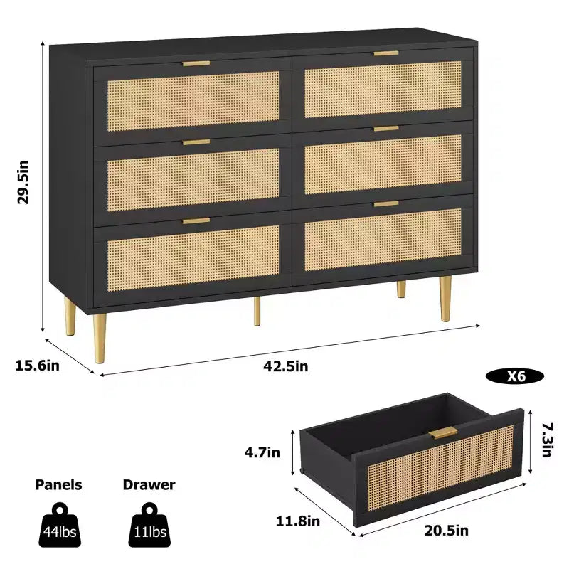 Cassettiera a sei cassetti in PB+MDF e Rattan Intrecciato - Mobiletto in Rattan, Superficie in Melamina a Tre Strati, Sei Cassetti, Piedini con Ferramenta Dorata
